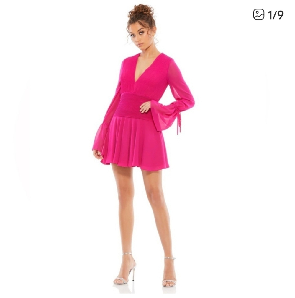 Ieena Mac Duggal Dress Hot Pink Pleated Party Bell Barbie Chiffon Mini Size 2